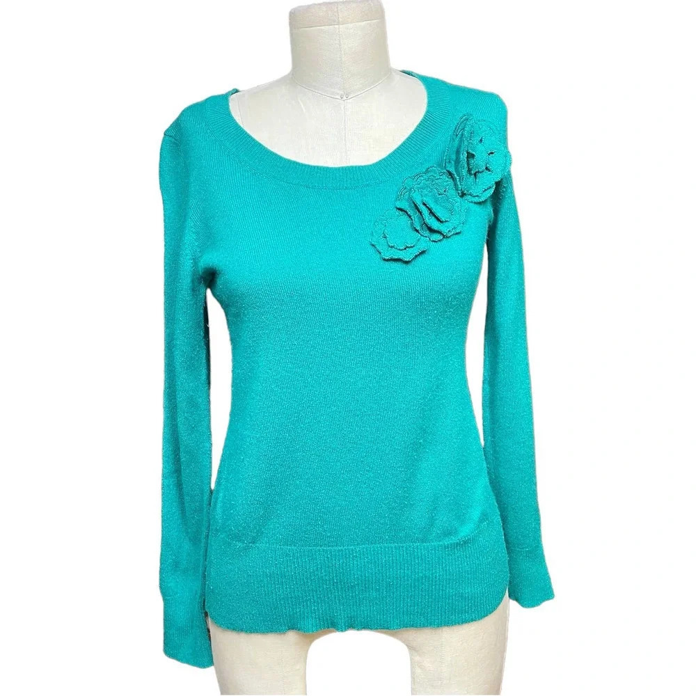 Escada Sport‎ Floral Appliqué Wool Sweater Teal Green Size Small